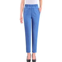 middle aged women jeans casual high elastic waist baggy straight trousers pocket mom jeans female denim pants