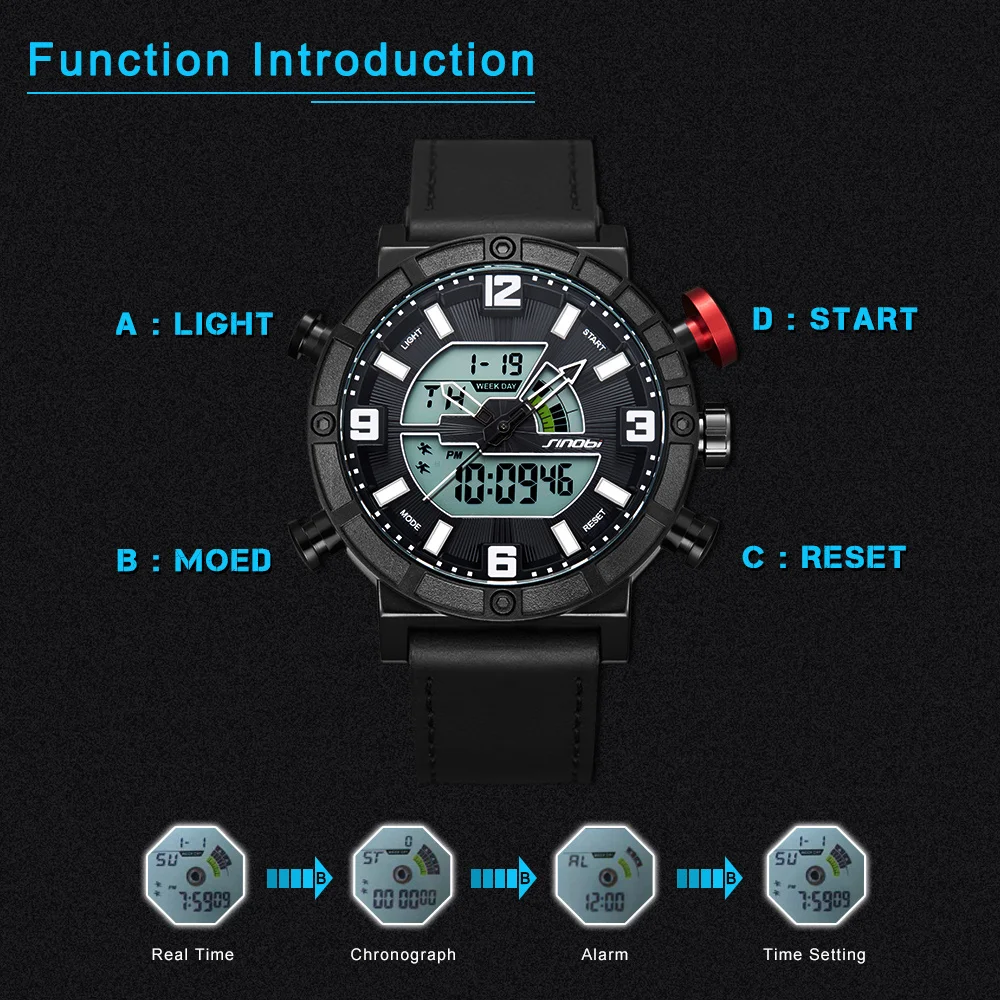 

SINOBI Mens Sports Function Watches Dual Display Analog Digital Quartz Wristwatches Waterproof Swim Military Clock reloj hombre