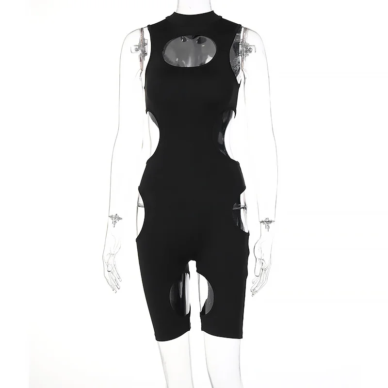 

Chicology Hollow Out Women Sexy Bodycon Sleeveless Solid Color 2021 Summer Fashion Stretchy High Neck Rompers