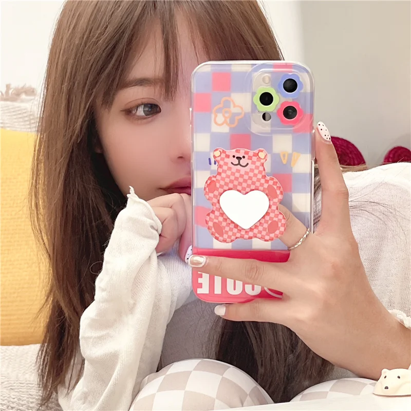 

Japan Korean Lattice Flower Pink Bear Bracket Soft Case For IPhone 7 8 Puls X XR XS 11 12 Pro Max Lovely Protection Back Cover