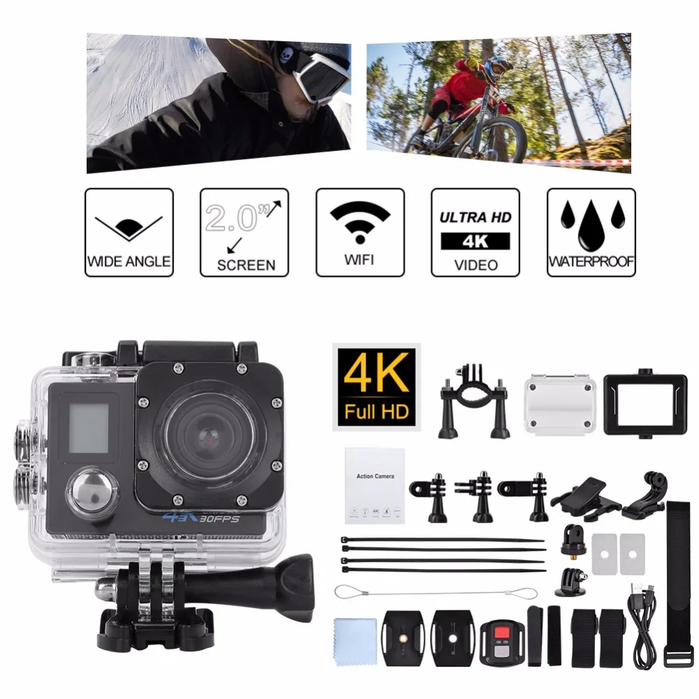 4K HD, 2 дюйма, ЖК-дисплей двойной Экран Спортивная Экшн-камера Камера 30FPS HD 170 ° Широкий формат возможностью погружения на глубину до 30 м Водонепроницаемый Wi-Fi экшн-Камера набор