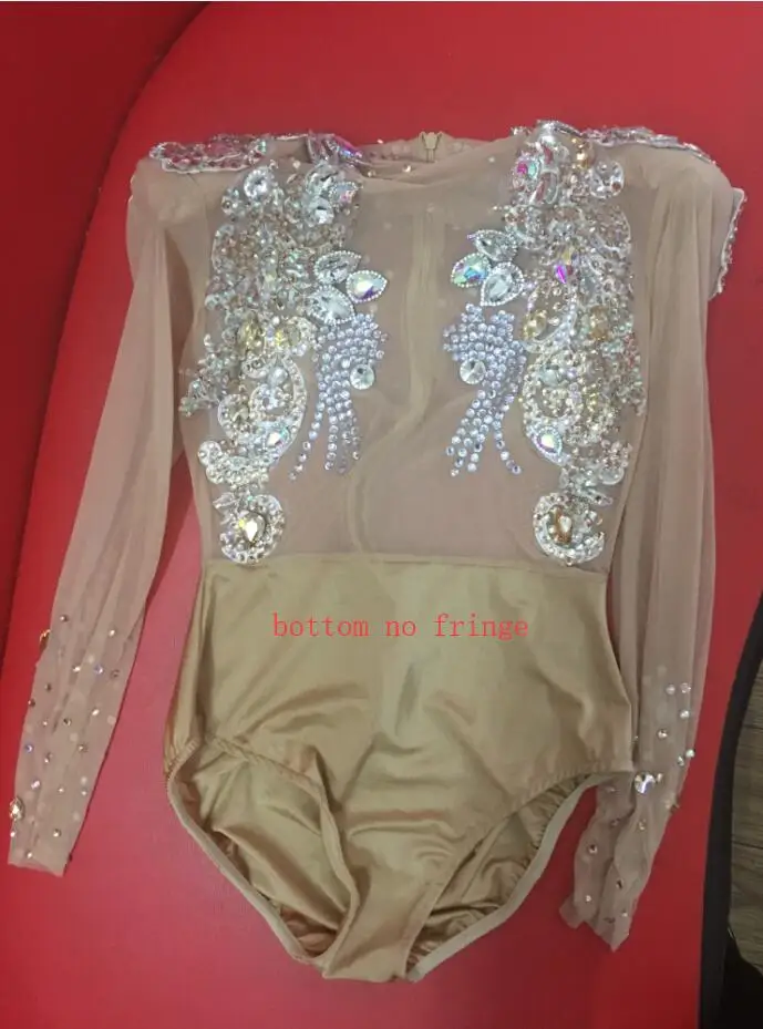 bottom no fringe Блестящие Большие кристаллы сетки сексуальное боди блестящие стразы цепи бахрома наряд ночной клуб праздничная одежда прозрачный костюм - Цвет: bottom no fringe