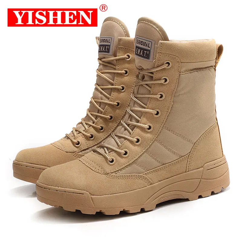 

YISHEN Autumn Winter Male Army Boots Military Tactical Combat Ankle Safty Shoes Work Men Boots Desert Outdoor Men Hiking Boots