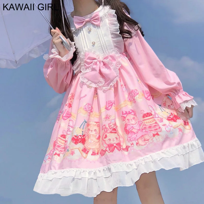 Платье женское кружевное в японском стиле милое винтажное мягкое розовое платье