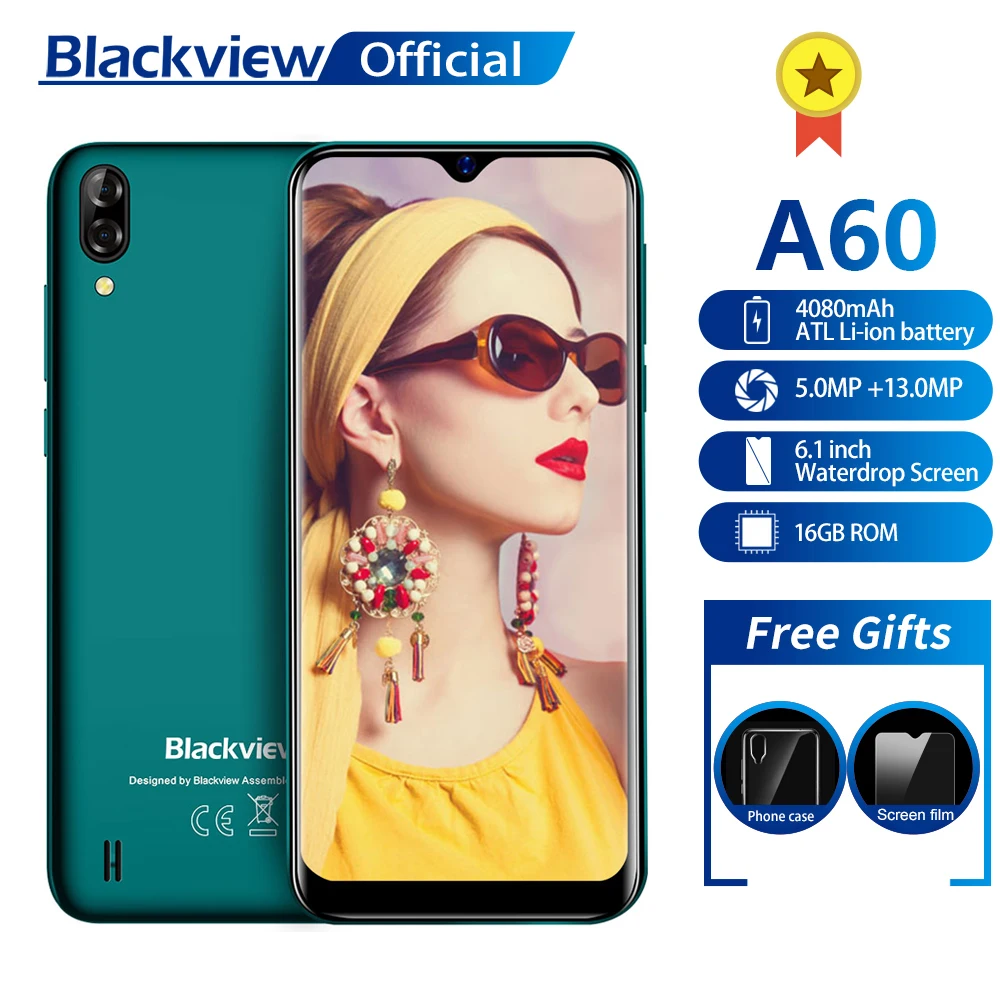 Blackview A60 смартфон 4080 мАч 1 Гб+ 16 Гб четырехъядерный Android 8,1 6,1 дюймов 19,2: 9 экран 13,0 МП Двойная камера заднего вида 3G мобильный телефон