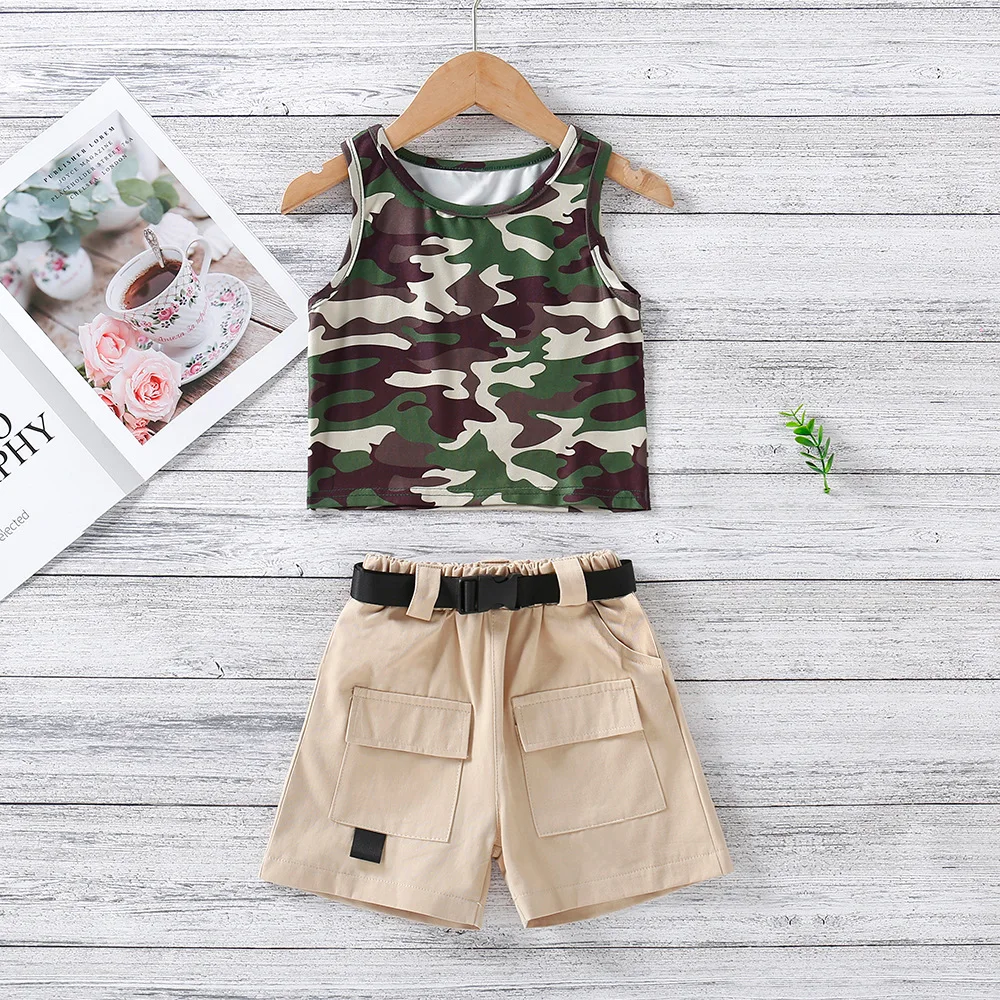 

Summer Children's Clothing Suits New Girls' Clothes Camouflage Vest Tops + High-waist Overalls Shorts 2-Piece Boys Sets