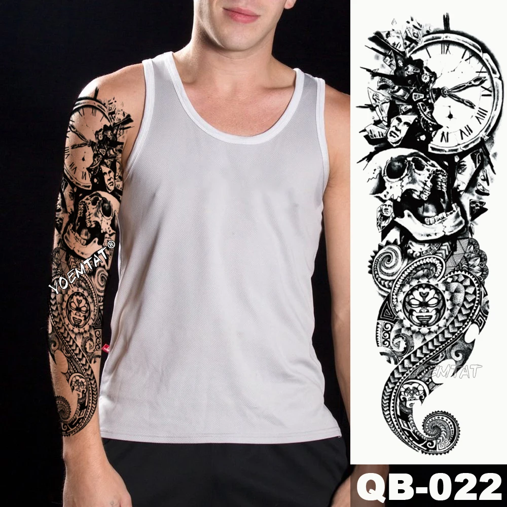 

New 1 Piece Temporary Tattoo Sticker Totem skull clock time Tattoo with Arm Body Art Big Sleeve Large Fake Tattoo Sticker