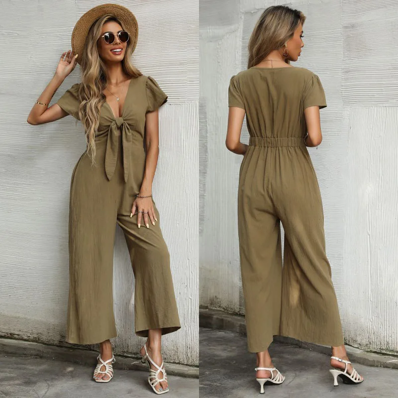 

V-neck Jumpsuits Summer Simple Style Women Short Sleeve Jumpsuit Wide Leg Solid Bowknot Business Wear Jump Suits For Women