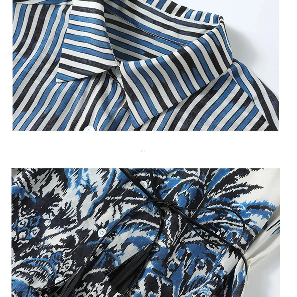 

Merchall 2021 Summer Fashion Chiffon Mini Dress Woman Flower Print Striped Turn Down Collar Short Sleeve Belt Dresses M77040