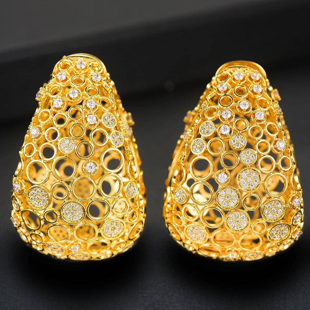 GODKI Luxury Hollow Fat/Wide Chic Hoop Earrings For Women Earrings Jewelry Charms Elegant Full Mirco Cubic Zircon Dubai Wedding