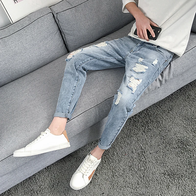 Модные джинсы мужские Байкер Мото стиль рваные и потёртые высококачественные облегающая Мужская джинсовая брюки плюс размер 28-36 брюки