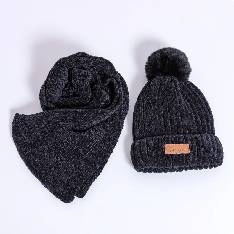 Black 2Pcs 2 шт./3 шт./компл., детские наборы шарф Шапка Зимняя Теплая Бархатная шапка шарф перчатки для маленьких мальчиков и девочек, костюмы хлопковая шерсть Младенческая шапочка, шапки - Цвет: Black 2Pcs