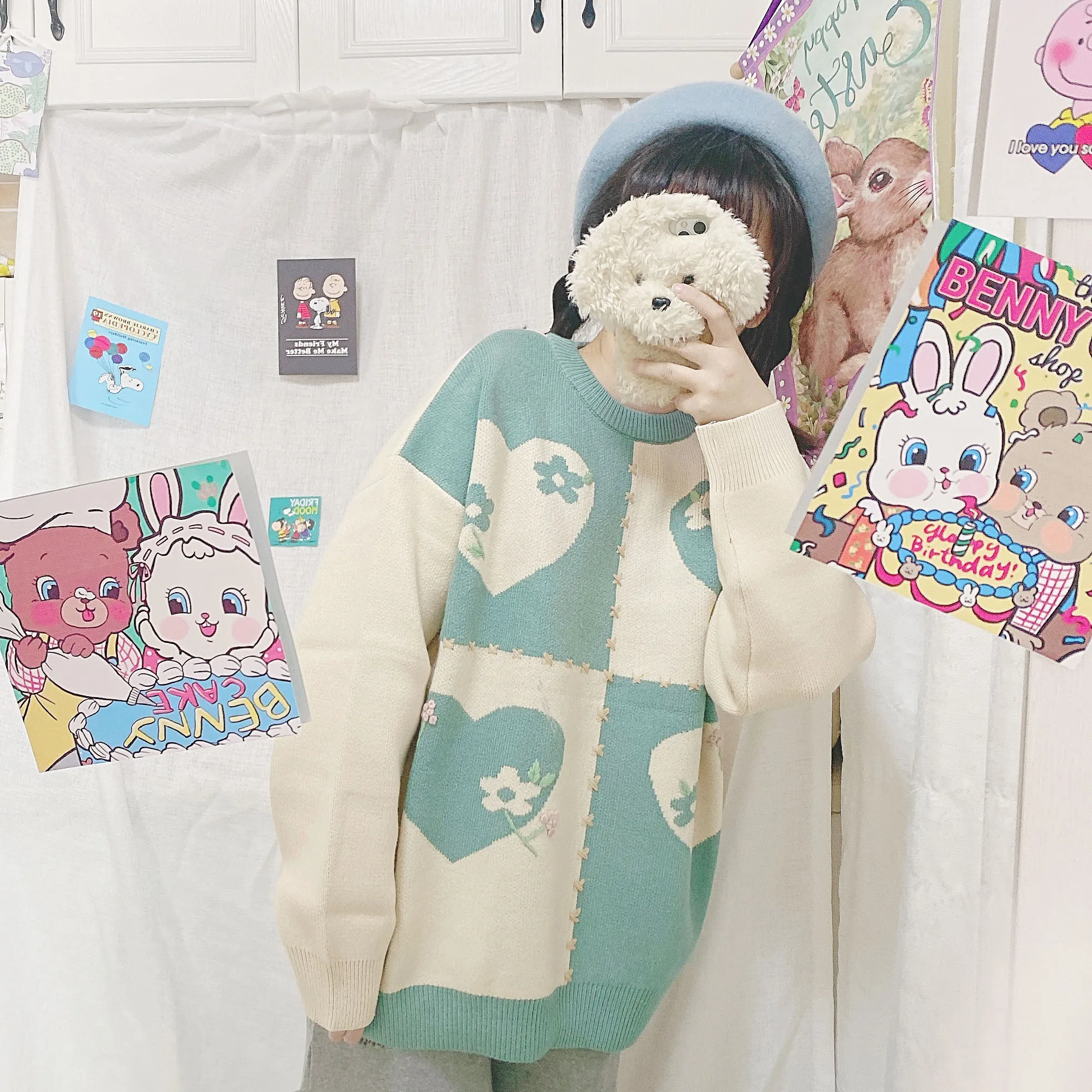 

Japanese Vintage Sweet Cute Embroidery Floral Sweater Girl O-Neck Mori Loose Soft Sister Pullover Women Knit Jumper