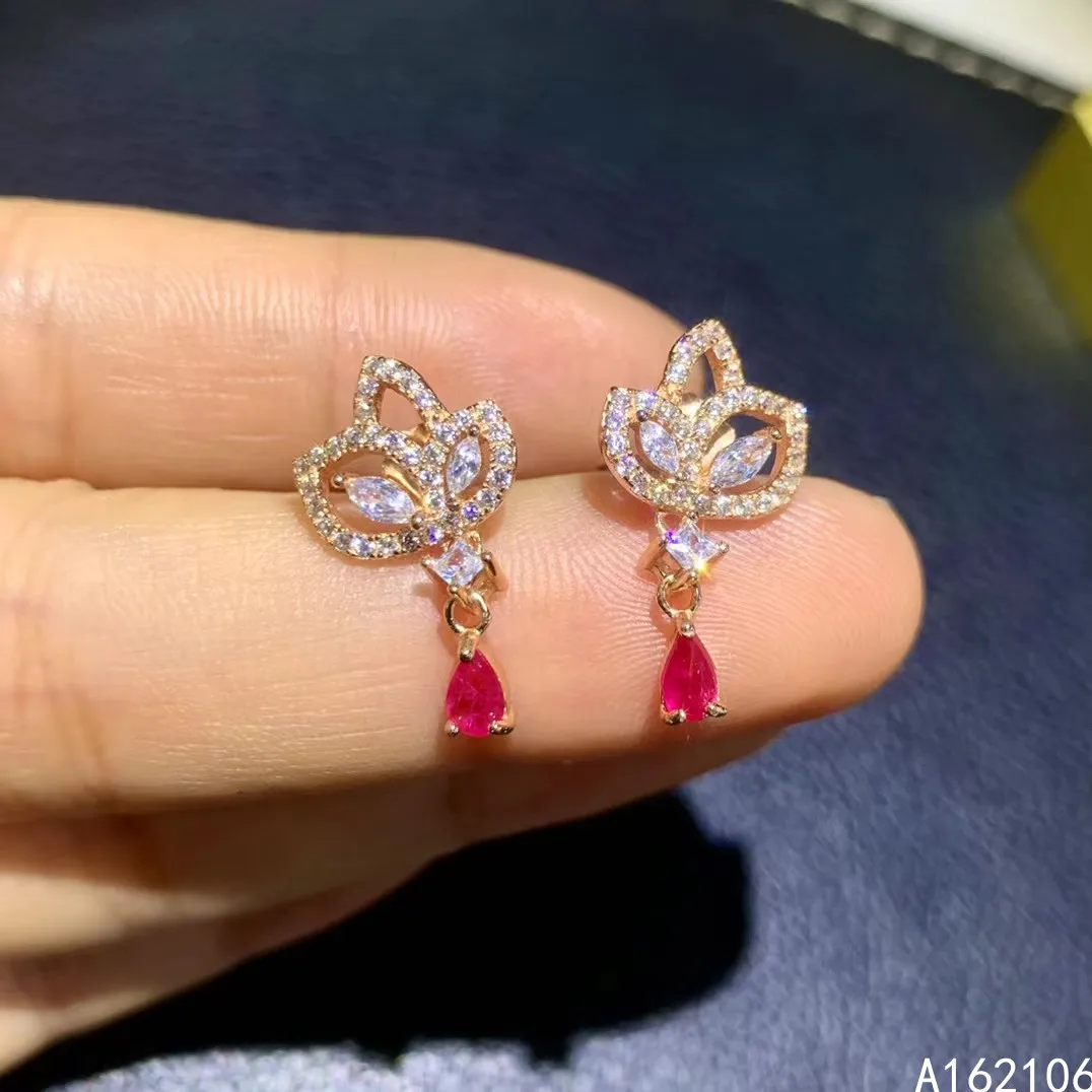 Fine Jewelry 925 Pure Silver Chinese Style Natural Ruby Girl Luxury Lovely Plant Water Drop Gemstone Earrings Ear Stud Support D