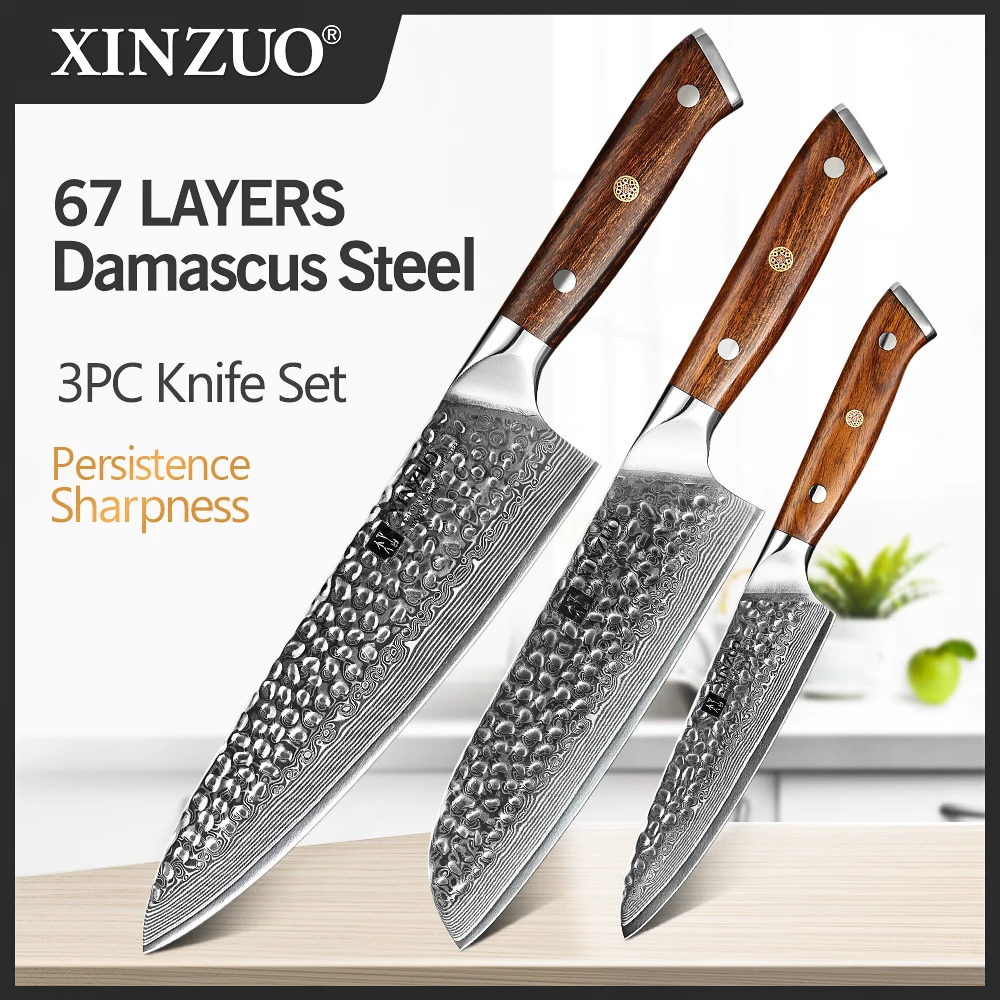 

XINZUO 3 PCS Kitchen Knives Sets Japanese VG 10 Damascus Steel Knife Chef Gyuto Knife Stainless Steel Cleaver