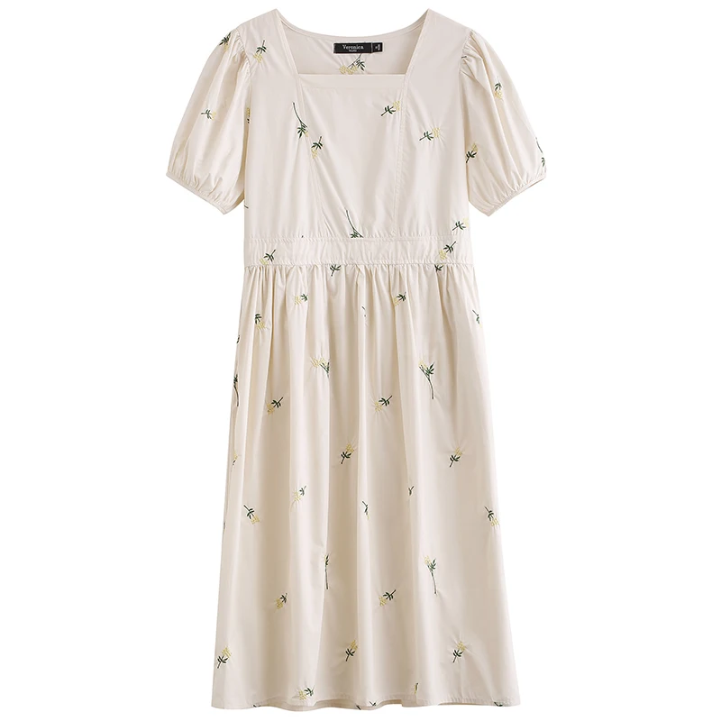 

Summer Dress Korean Sweet Loose Dress Ladies 2021 New Elegant Embroidery Chic Square Neck Puff Sleeve Mid-Length Dress Women