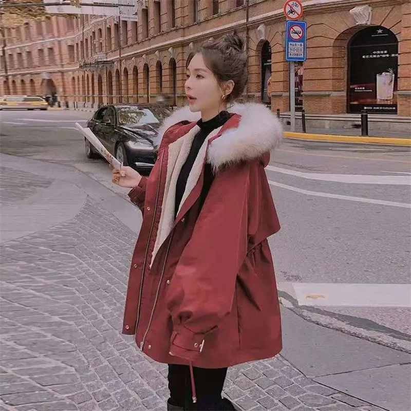 Velvet Parker Padded Jacket Women 2022 Winter New Thick Warm Jacket Tooling Cotton-padded Waist Hooded Padded Jacket M572