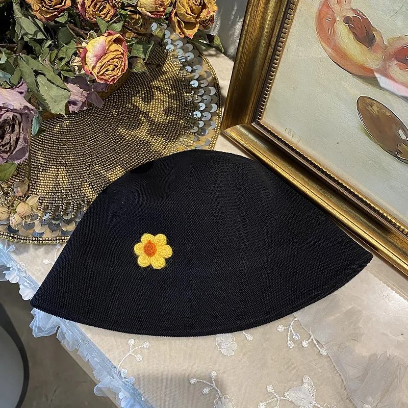 Female Spring Summer Women Fisherman Hat Basin Cap Woven Sun Solid Color Simple Yellow Flower Artist Hats Designer