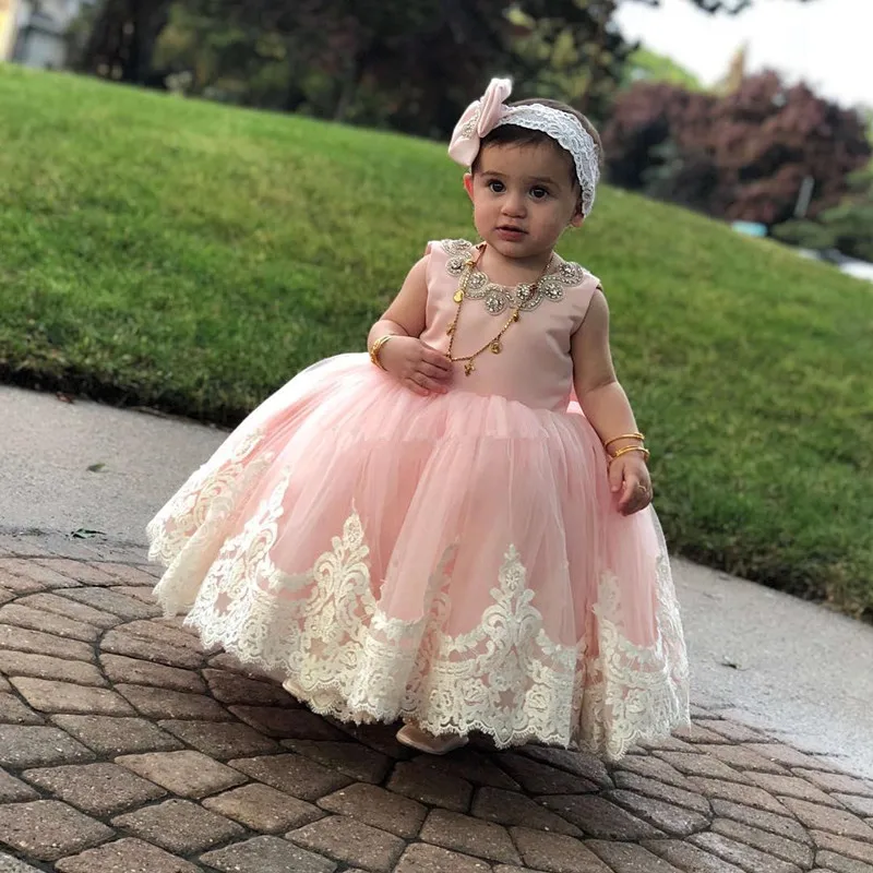 

LOVELY Baby Flower Girl Dresses Beaded Jewel Neck Communion Dresses with Ivory Applique Pageant Party Tulle Princess Gowns