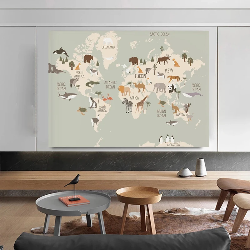 

Abstract Animal World Map Canvas Painting Cute Cartoon Animals Posters and Prints Wall Art Picture for Living Room Decor Cuadros