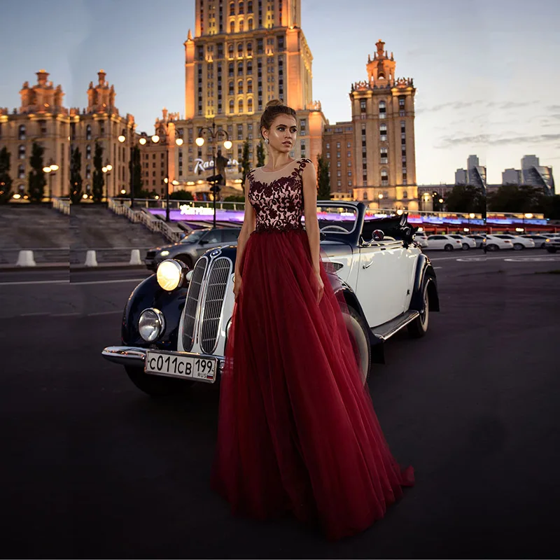 

Latest Charming Wine Red Lace Cap Sleeves Prom Party Dresses Illusion Jewel Neck Corset Back Wedding Guest Gowns On Sale