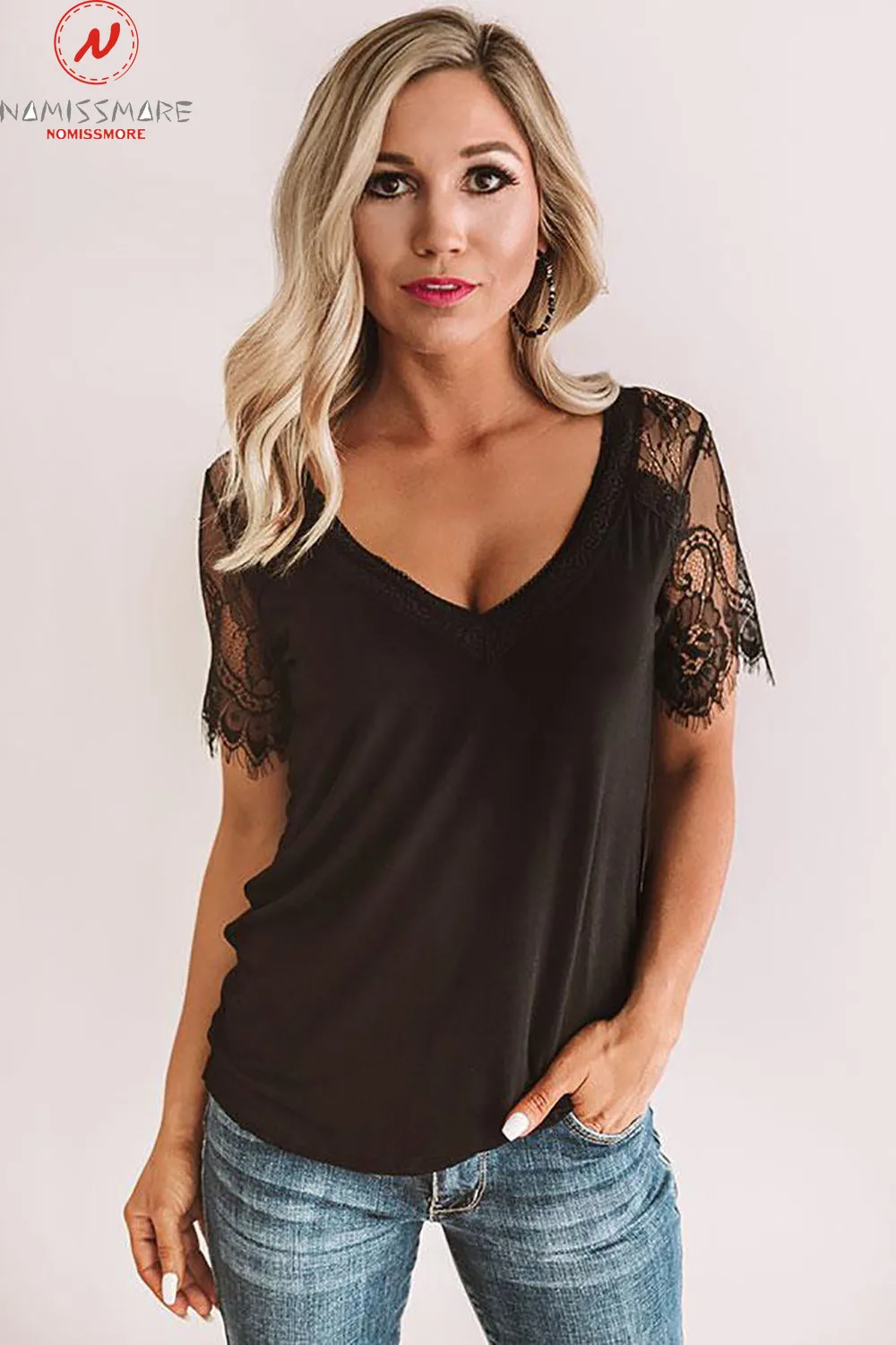 Женские кружевные футболки летние однотонные с v-образным вырезом и коротким