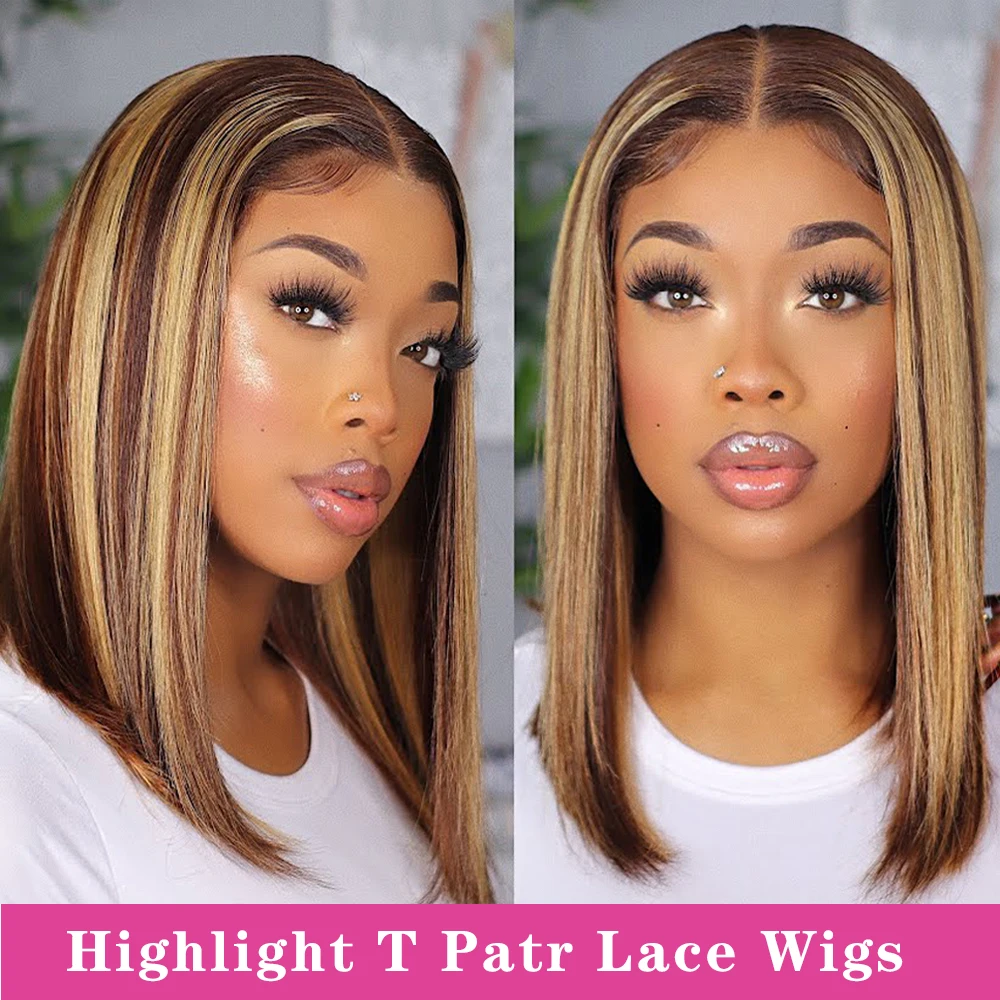 

Highlight Wig Ombre Brown Honey Blonde Short Bob Wig HD T Part Lace Front Wig Pre Plucked Lace Wigs For Wom Human Hair Wigs