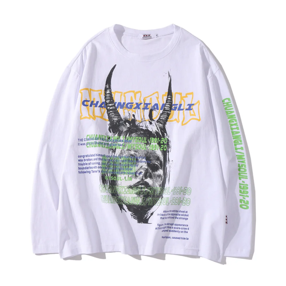 

Hip Hop Horn Character Letter Print Men Pullover T Shirt Fashion Streetwear 2020 Harajuku Casual Cotton Long Sleeve Tshirts Male
