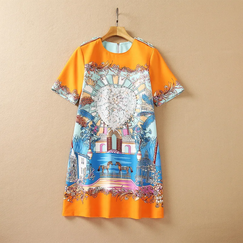 

European and American women's wear for summer 2021 With short sleeves Fashion cartoon architectural print orange dress
