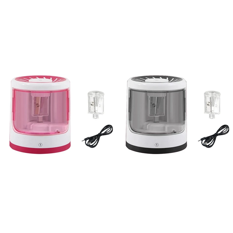 

2x Electric Pencil Sharpener USB/Use Battery Cute Pencil Sharpener Students Stationery (Black&Rose Red)