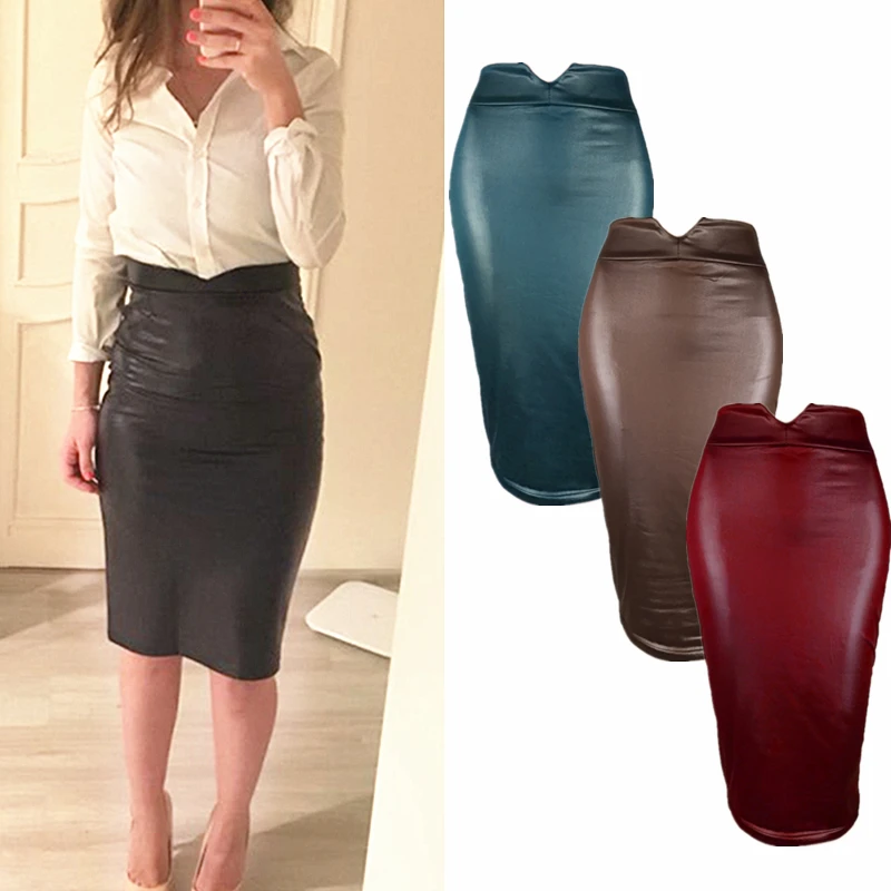 

Women PU Leather Skirt Wild Midi Sexy High Waist Pencil Skirt Bodycon Skirt Knee Length Solid Sexy OL Office Skirts