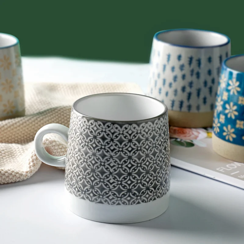 320ml / 400ml Japanese ceramic coffee cup with handle retro pastoral water embossed Mug creative milk Drinkware | Дом и сад