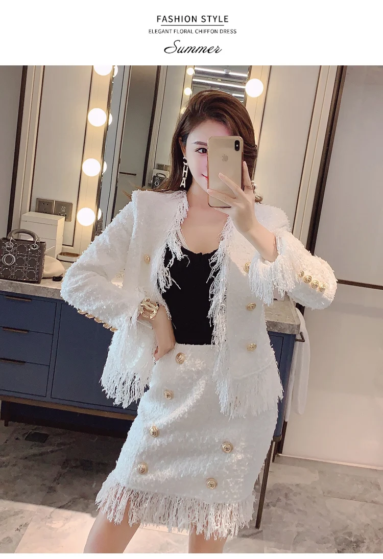 

High Quality Wool Women Skirt Suits Double-breasted White Tassel Jacket Coat + Skirt Set 2019 Autumn Womens 2 Pieces Sets Femme