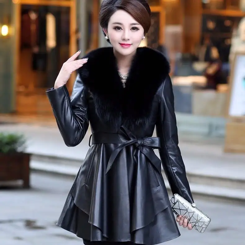 2019 European winter coats women fashion leather down jacket warm long coats with fox fur collar