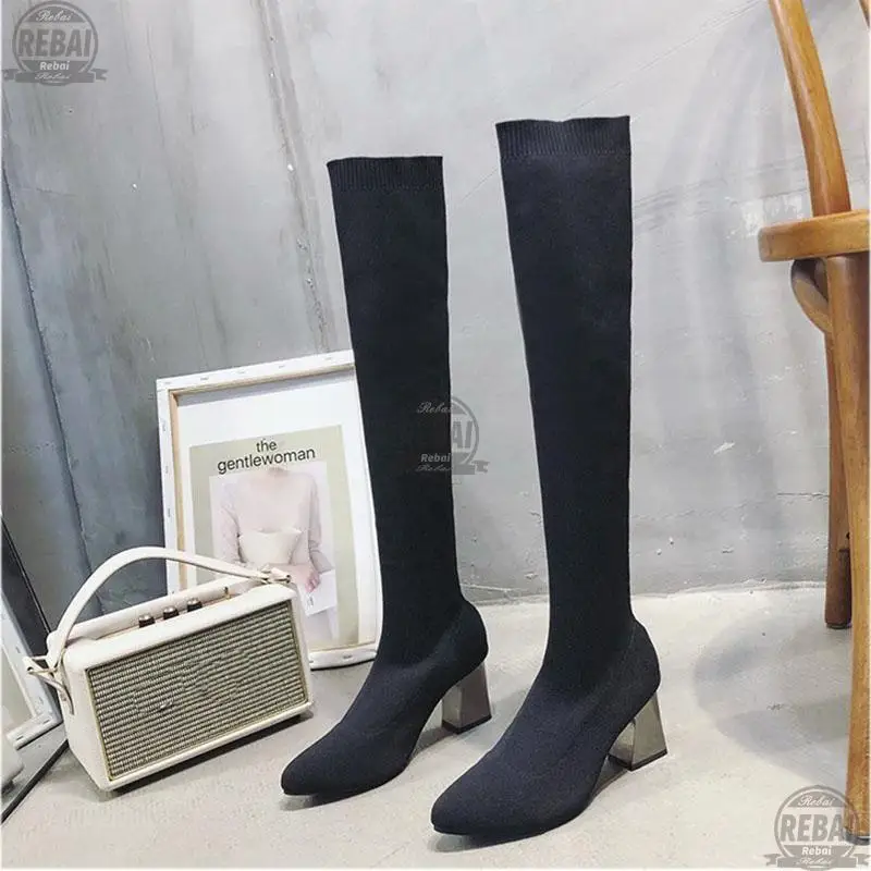 

Silver Mirror Heels Stretch Skinny Boots Women Solid Pointed Toe Knee-high Booties Knitted Thick High Sock Botas Feminina 34-40