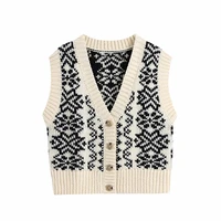 2022 women sprint autumn fashion knitted print cardigans vest ladies casual v neck single breasted sleeveless sweaters chic