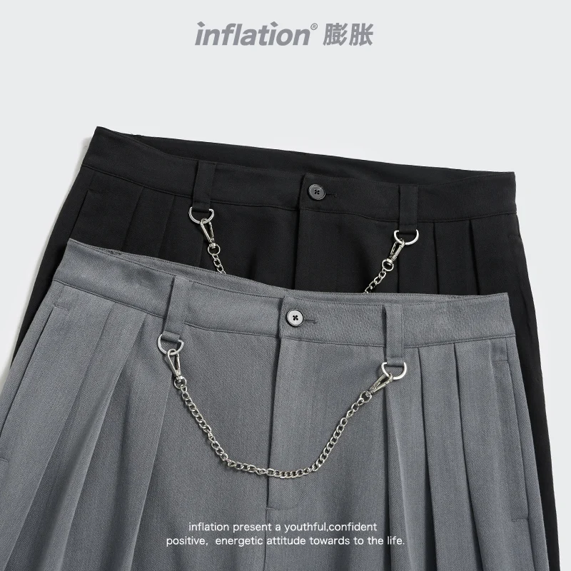 

INFLATION Casual Straight Pants Men Japanese Streetwear Spring Black Suit Pant Men Hip Hop Pant With Chain Male Trousers 3648S21