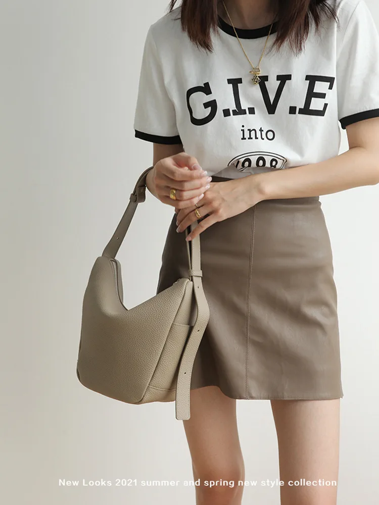 

FIRMRANCH Korean Style Solid Color Simple Texture Elephant Gray Soft Leather Large-Capacity Shoulder Tote Bucket Crossbody Bag
