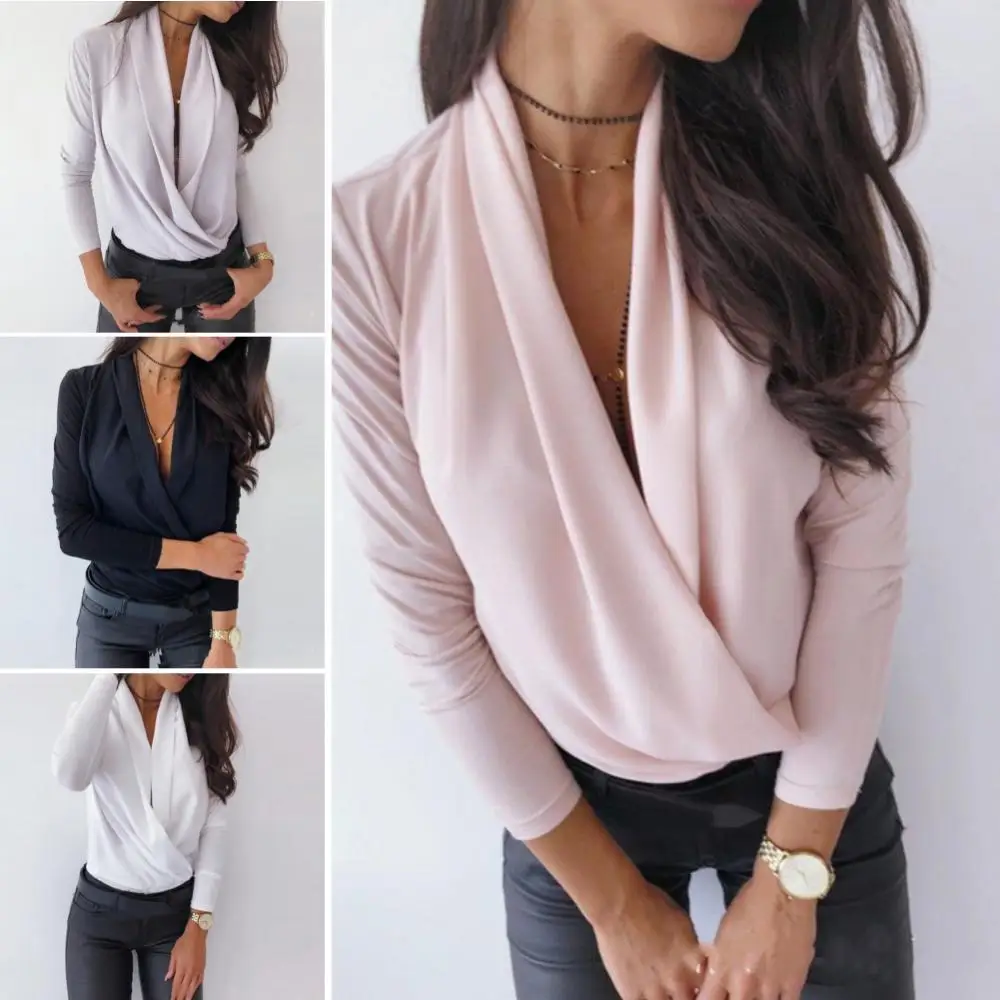 

Hot Sale Spring Autumn Fashion Elegant Shirt Women Autumn Sexy Long Sleeve Deep V Neck Solid Color Blouse Top Slims Fit Shirt