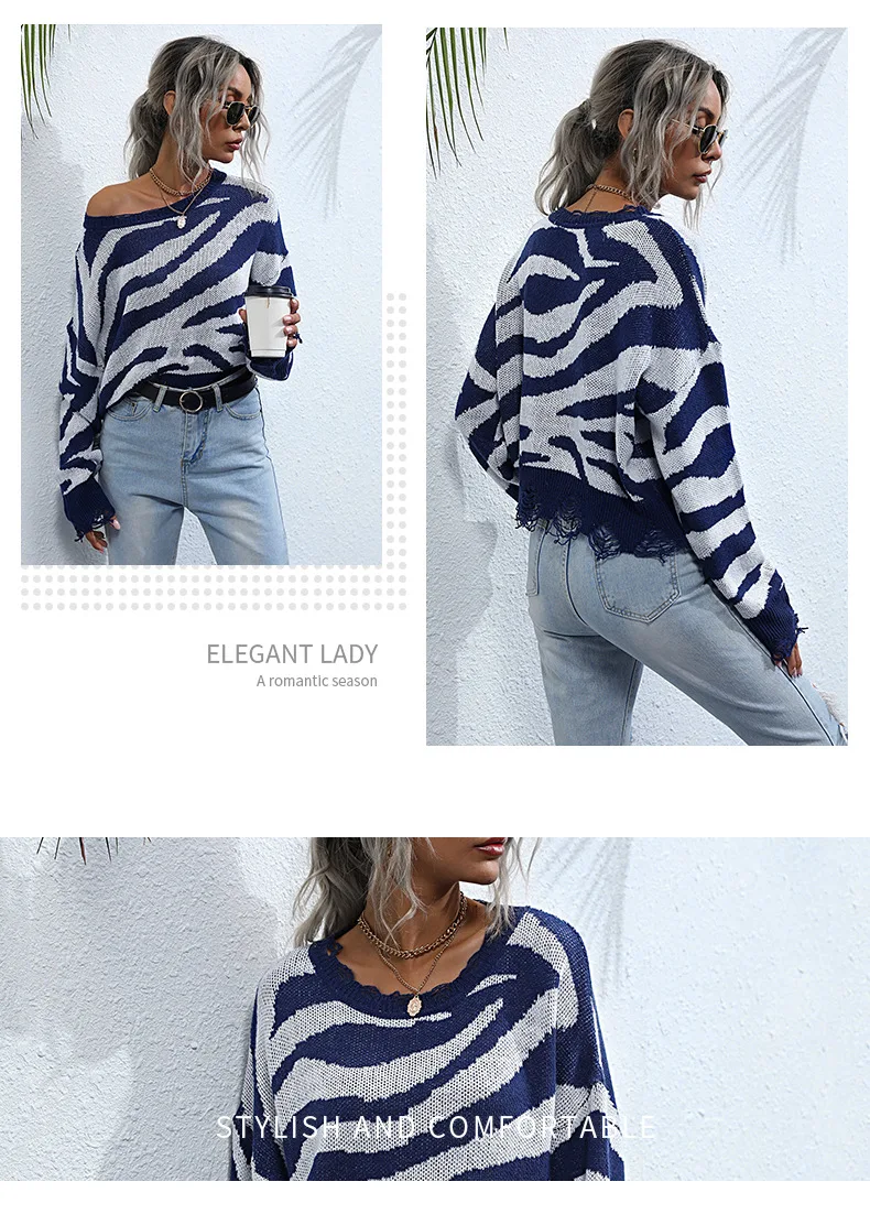

2021 Summer Autumn Pullover Knitted Women's Sweater Loose O Neck Long Sleeve Sweater Blue Zebra Pattern Thin Casual Sweater Y2K