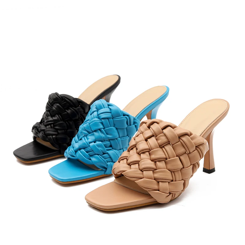 

Women's High Heels Slippers Female Solid PU Leather Slides Ladies Casual Pointed Toe Shoes Woman Plus Size Footwear Summer