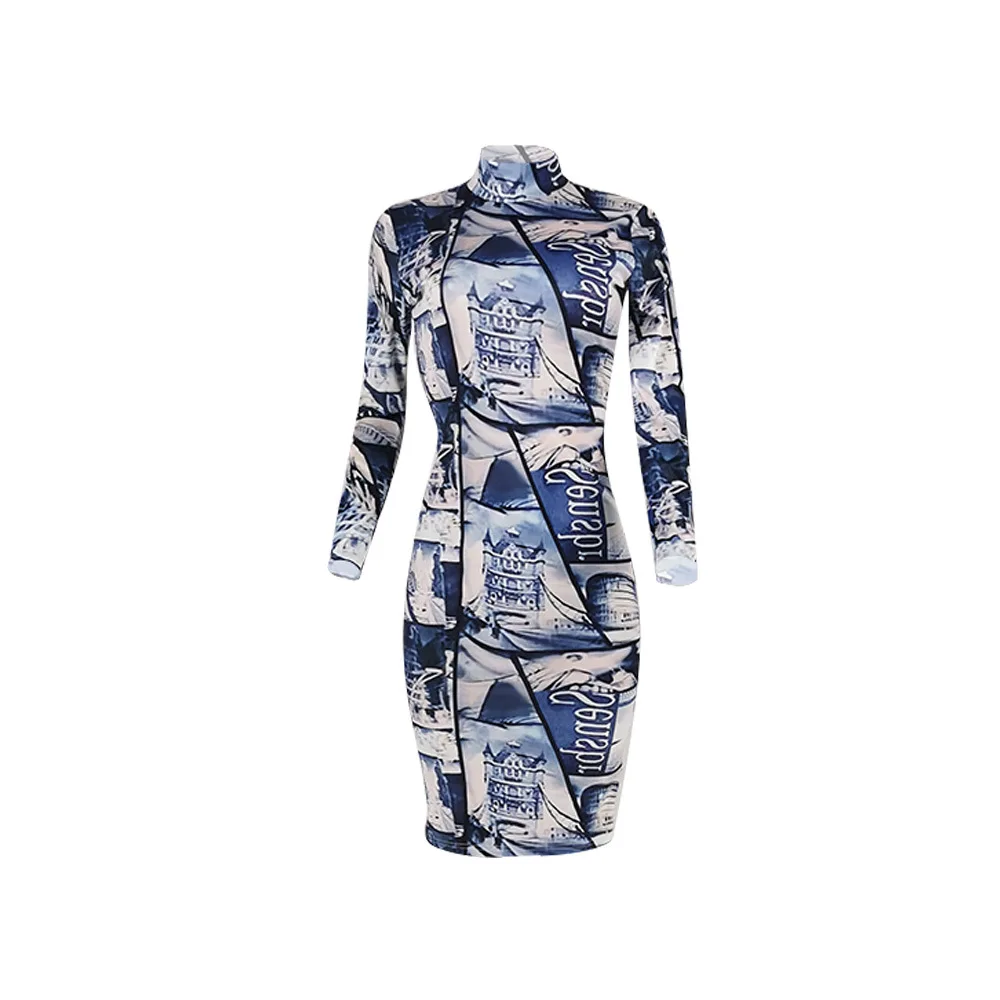 

New Women Printed Eiffel Tower Long Sleeve Knee-length Turtleneck Pencil Party Dress