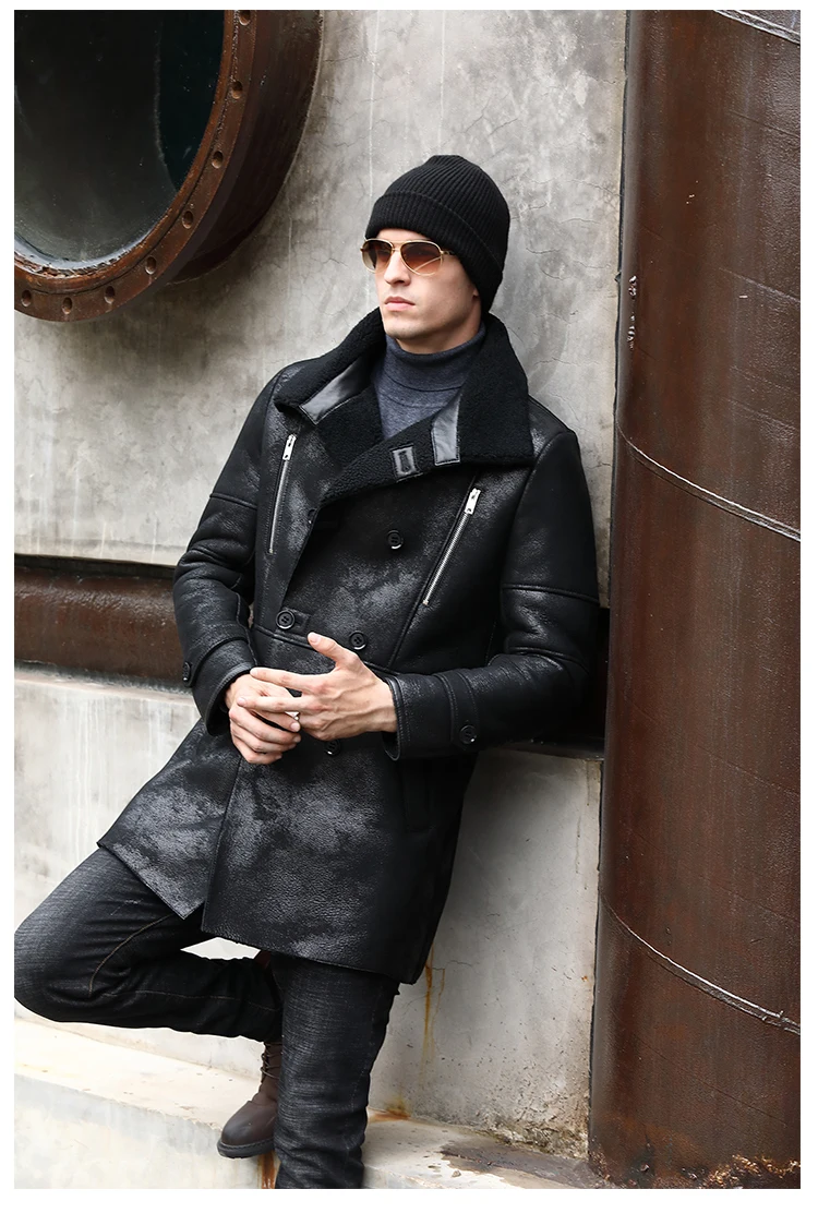 Мужская двубортная куртка из натуральной овчины черная длинная большого размера