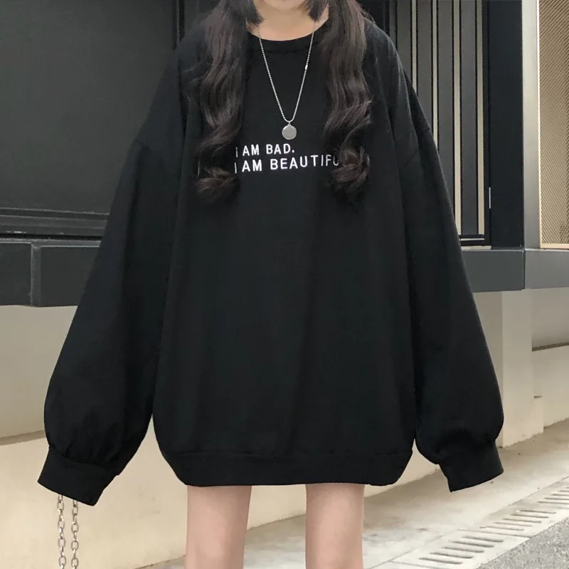

Harajuku thin Sweatshirt Women Sweatshirts Pullover Oversized Casual Long Sleeve long Top letter printed hoodie black sweatwear