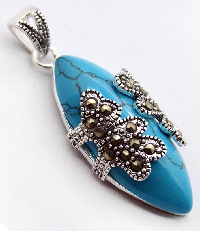 

VINTAGE 925 STERLING SILVER TURKEY BLUE Stone PENDANT 40X15MM