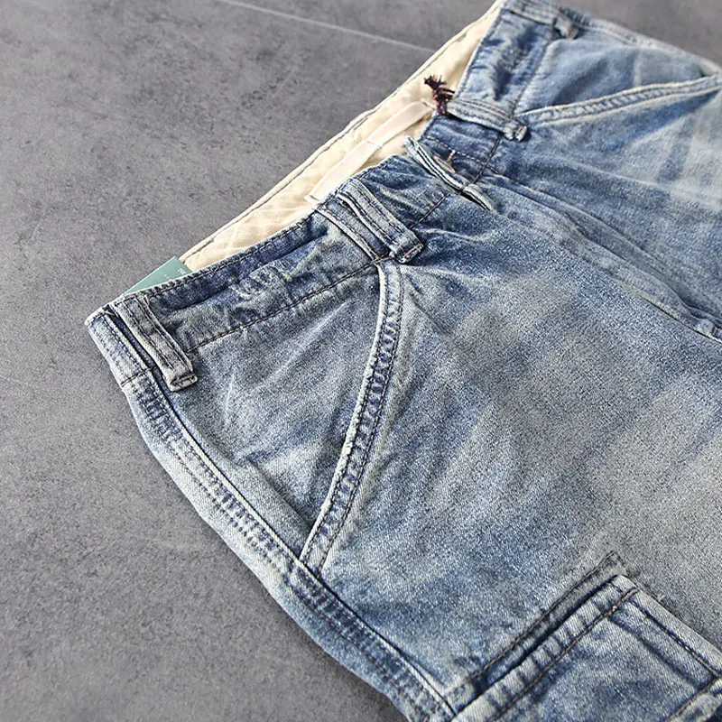 

American Street Fashion Men Jeans Retro Blue Summer Patch Designer Punk Short Jeans Men Big Pocket Hip Hop Cotton Denim Shorts