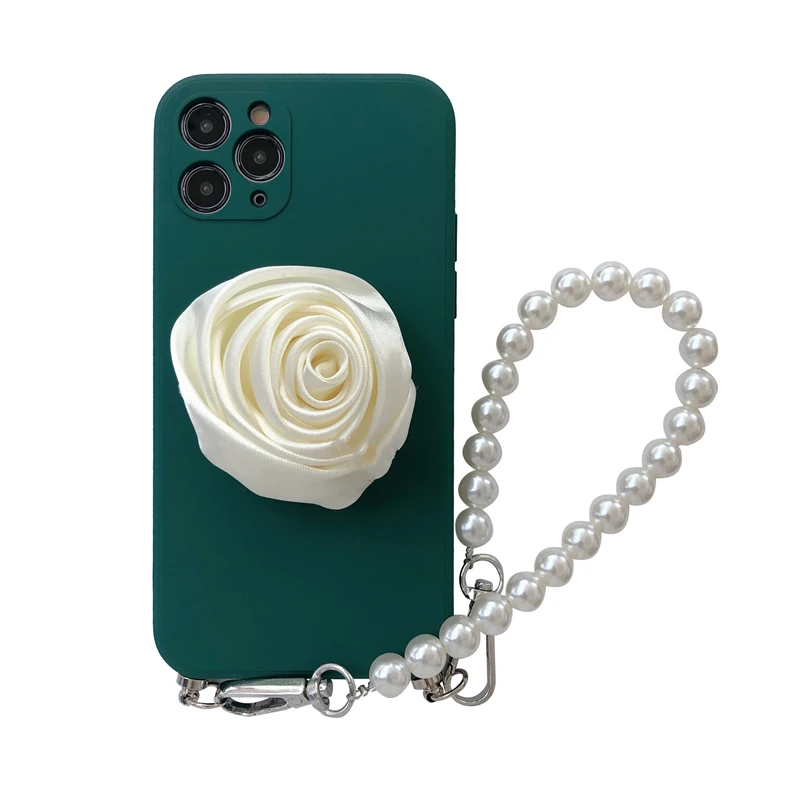 

Luxury Rose Bracket Pearl Wrist Chain Square Silicon Phone Case for Iphone 12 11 Pro Max Xs XR 7 8 Plus SE20 Cover for Girl Gift