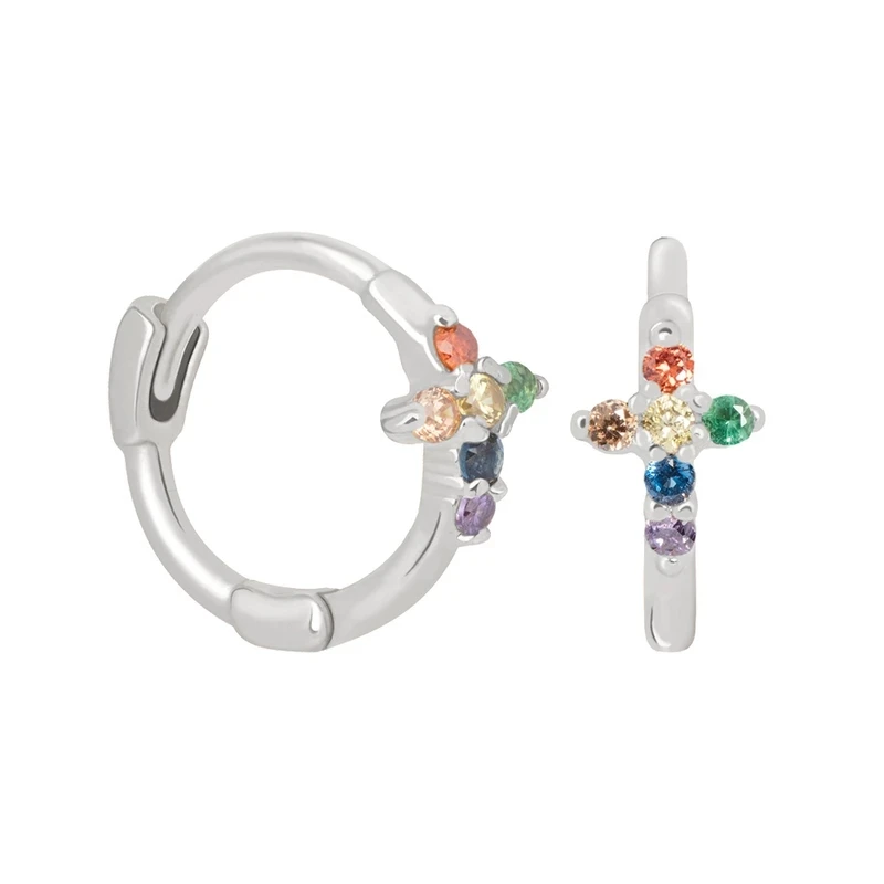 Silver Cross Moonmory Популярные 925 пробы серебряные серьги-кольца Huggie с радужными камнями CZ серьги для европейских женщин модные ювелирные изделия - Окраска металла: Silver Cross