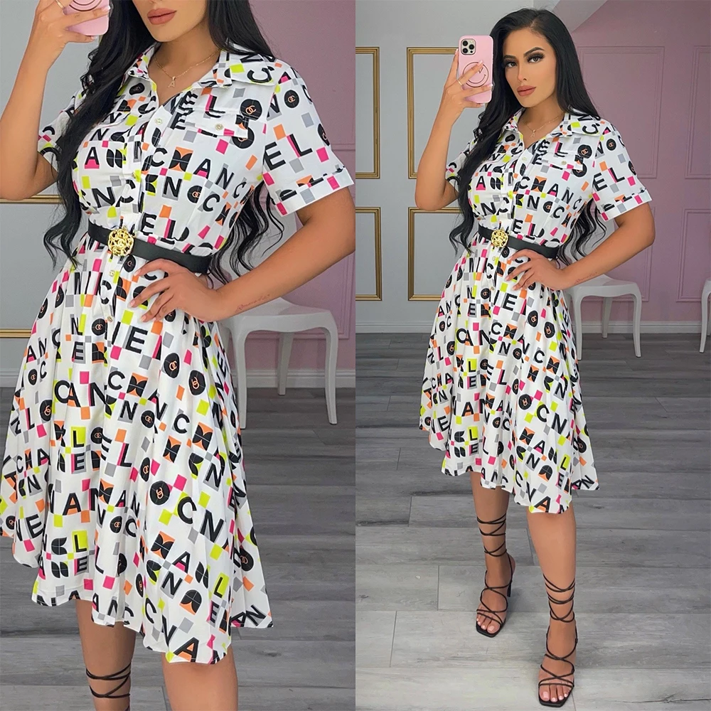 

2021 Women's Fashion Autumn new Temperament Elegant Silk Dress Lapel Letter Print Short Sleeve Chiffon Commuter Shirt Skirt