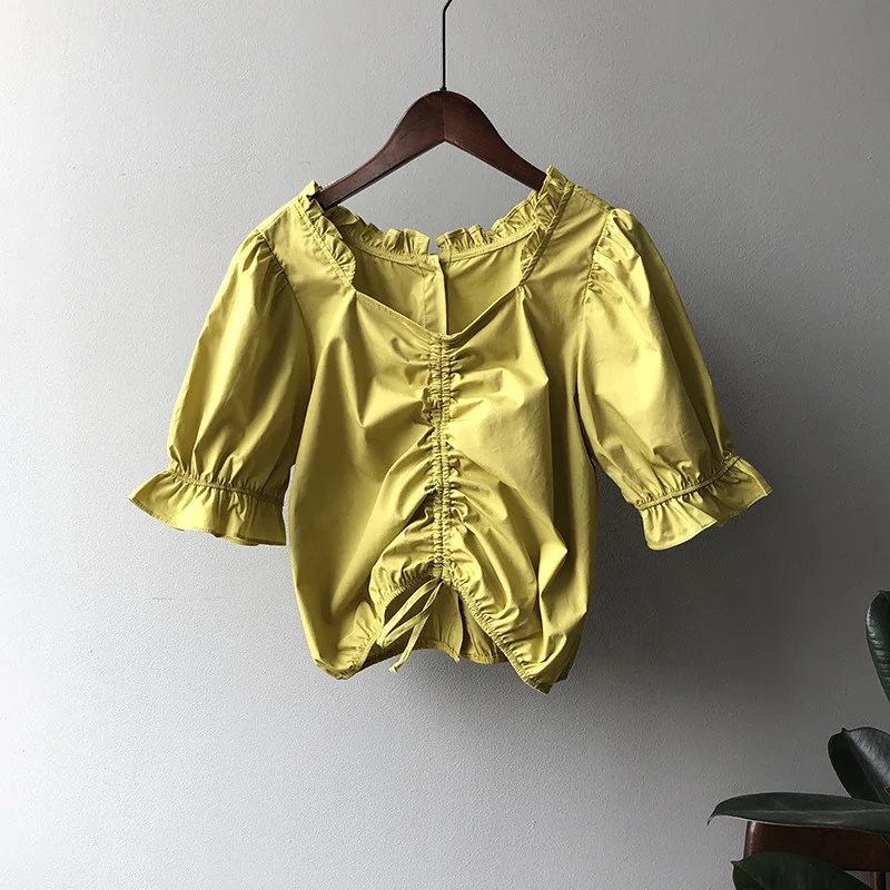 

2021 Spring Summer Short Sleeve Square Neck Shirts Blouse Female French Palace Style Puff Sleeve Short Tops Sweet Fresh Sundress